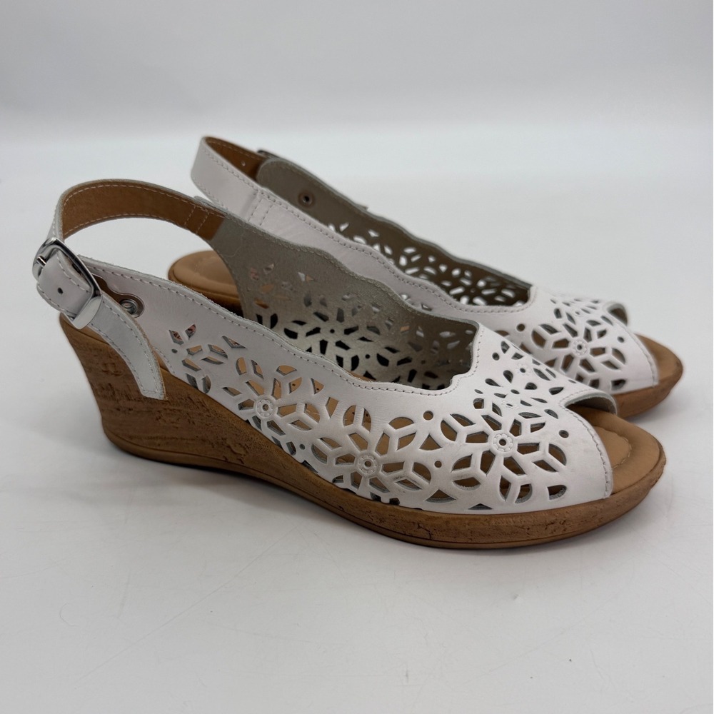 Spring Step White Leather Laser Cut Wedge Sandals Peep Toe Slingback EU 36 Italy